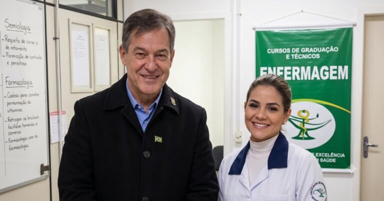 Prefeito Wagner Espindola e a podóloga Karina Rocha em unidade de saúde celebrando a implantação da Podologia no SUS em Criciúma, Santa Catarina.