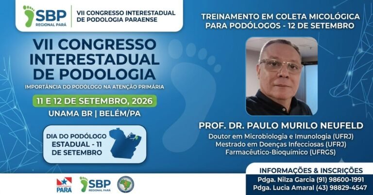 Banner oficial do VII Congresso Interestadual de Podologia em Belém, Pará, com logotipo da SBP Regional Pará, destacando o tema a importância do podólogo na atenção primária e a foto do Prof. Dr. Paulo Murilo Neufeld.