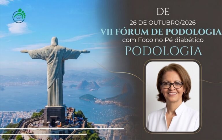 Banner de divulgação do VII Fórum de Podologia com Foco no Pé Diabético. Imagem mostra o Cristo Redentor no Rio de Janeiro à esquerda e a especialista Sônia Bauer à direita, com a data de 26 de outubro de 2026.