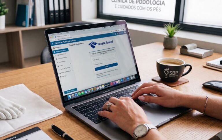 Profissional de podologia acessando o portal da Receita Federal em um notebook, com uma xícara de café da SBP ao lado, representando a gestão fiscal e a emissão de notas no consultório.