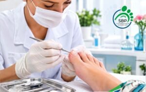 Profissional de podologia com jaleco, máscara e luvas brancas realizando atendimento clínico seguro nas unhas dos pés de um paciente, utilizando instrumental esterilizado. Logotipo da SBP no canto superior direito.